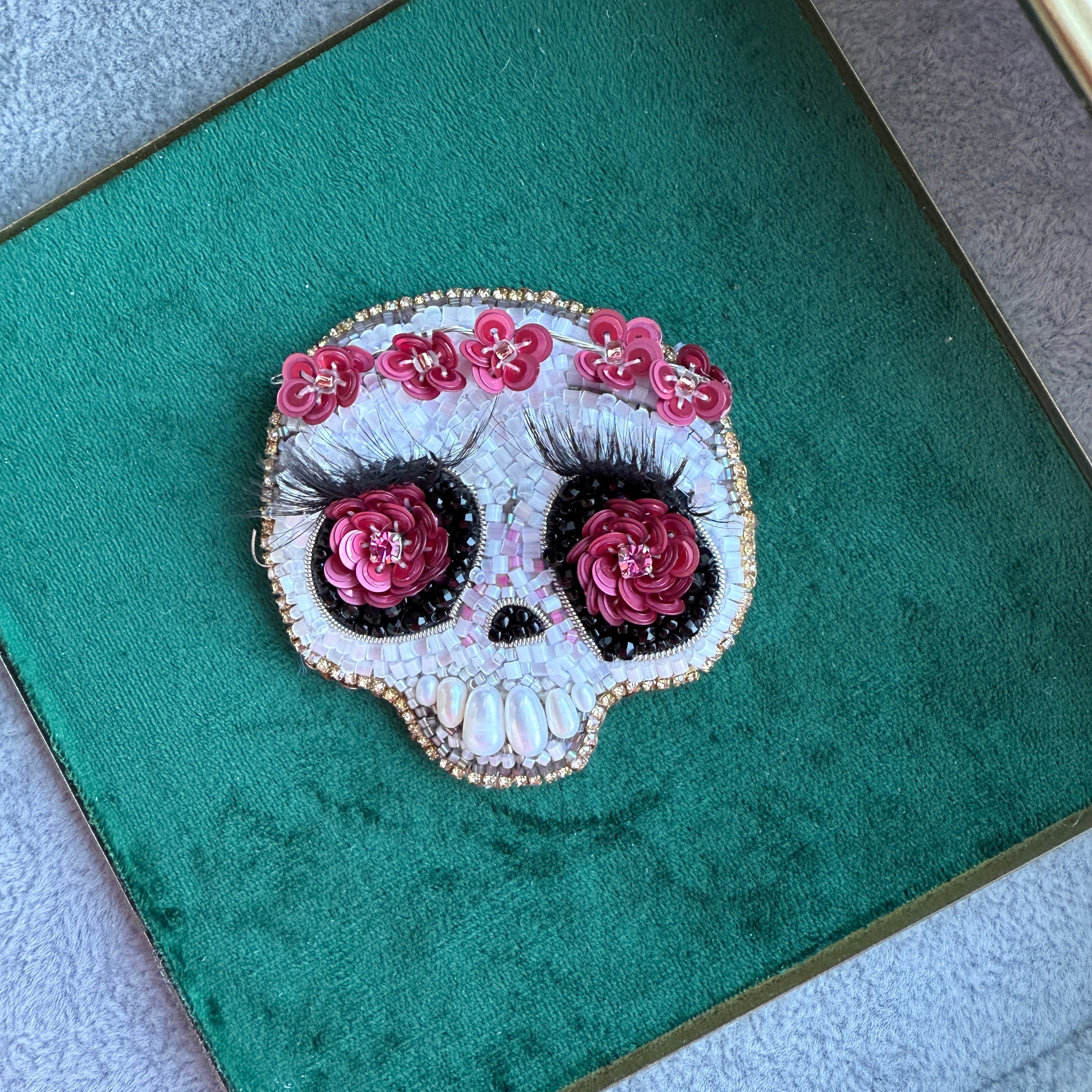 Floral Skull Beaded Brooch