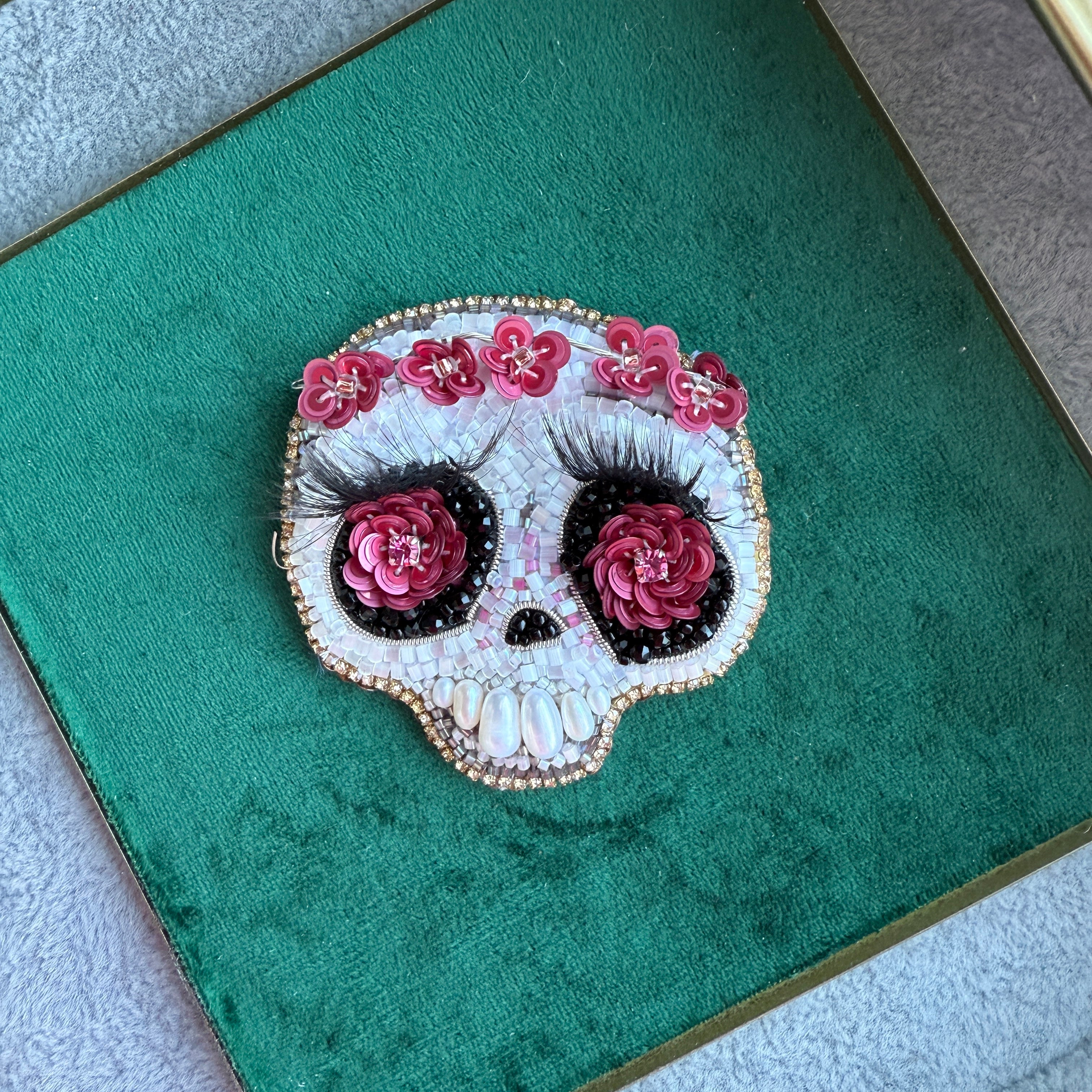 Floral Skull Beaded Brooch