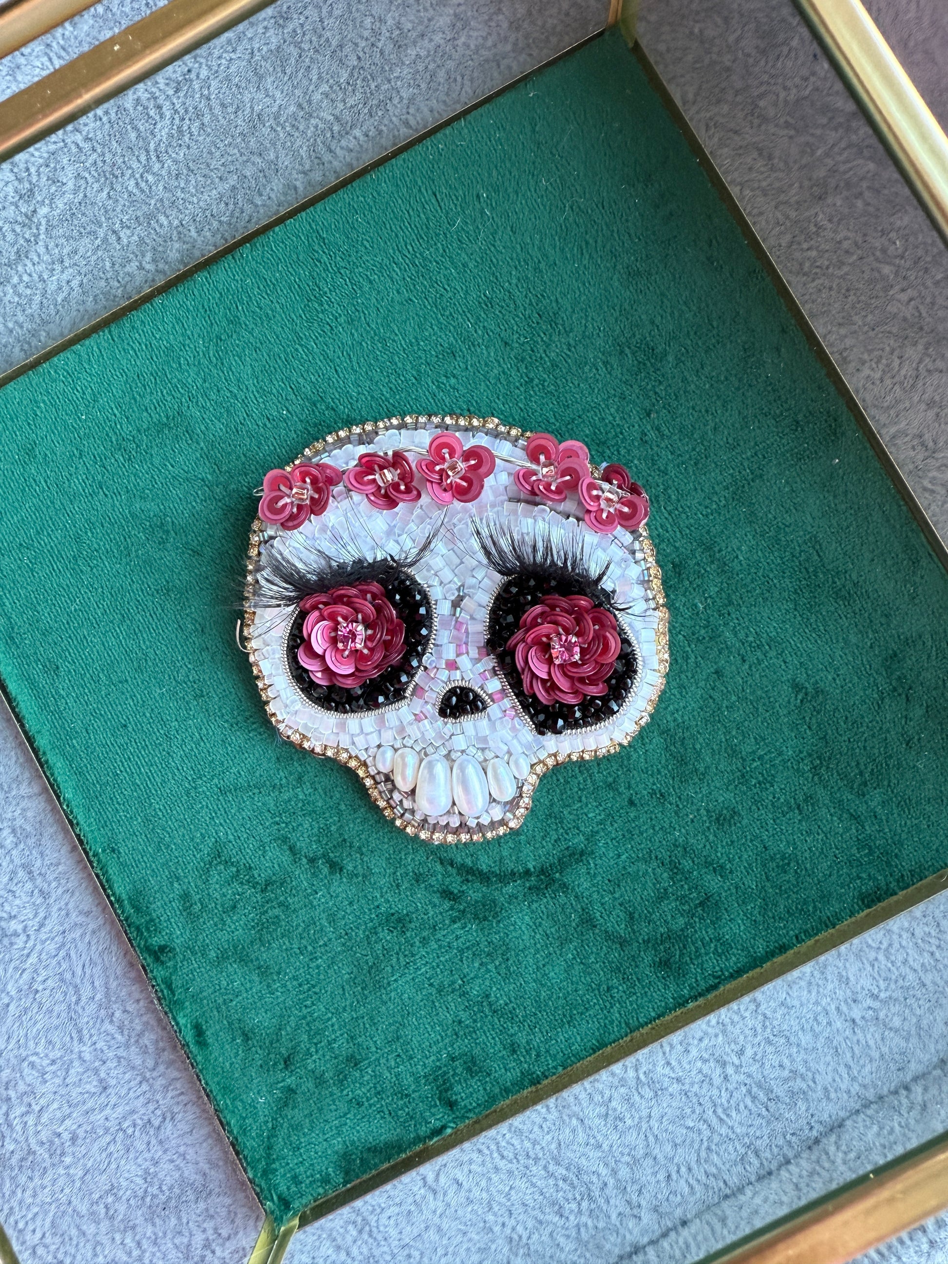 Floral Skull Beaded Brooch