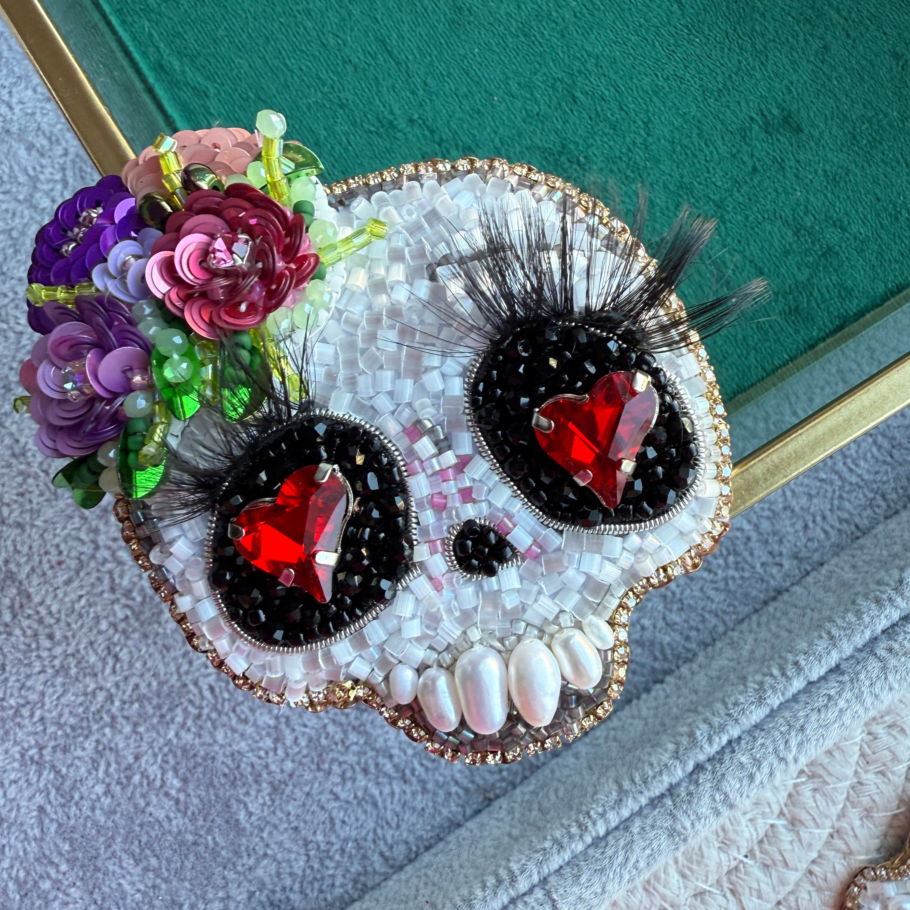 Floral Skull Heart Eyes Beaded Brooch