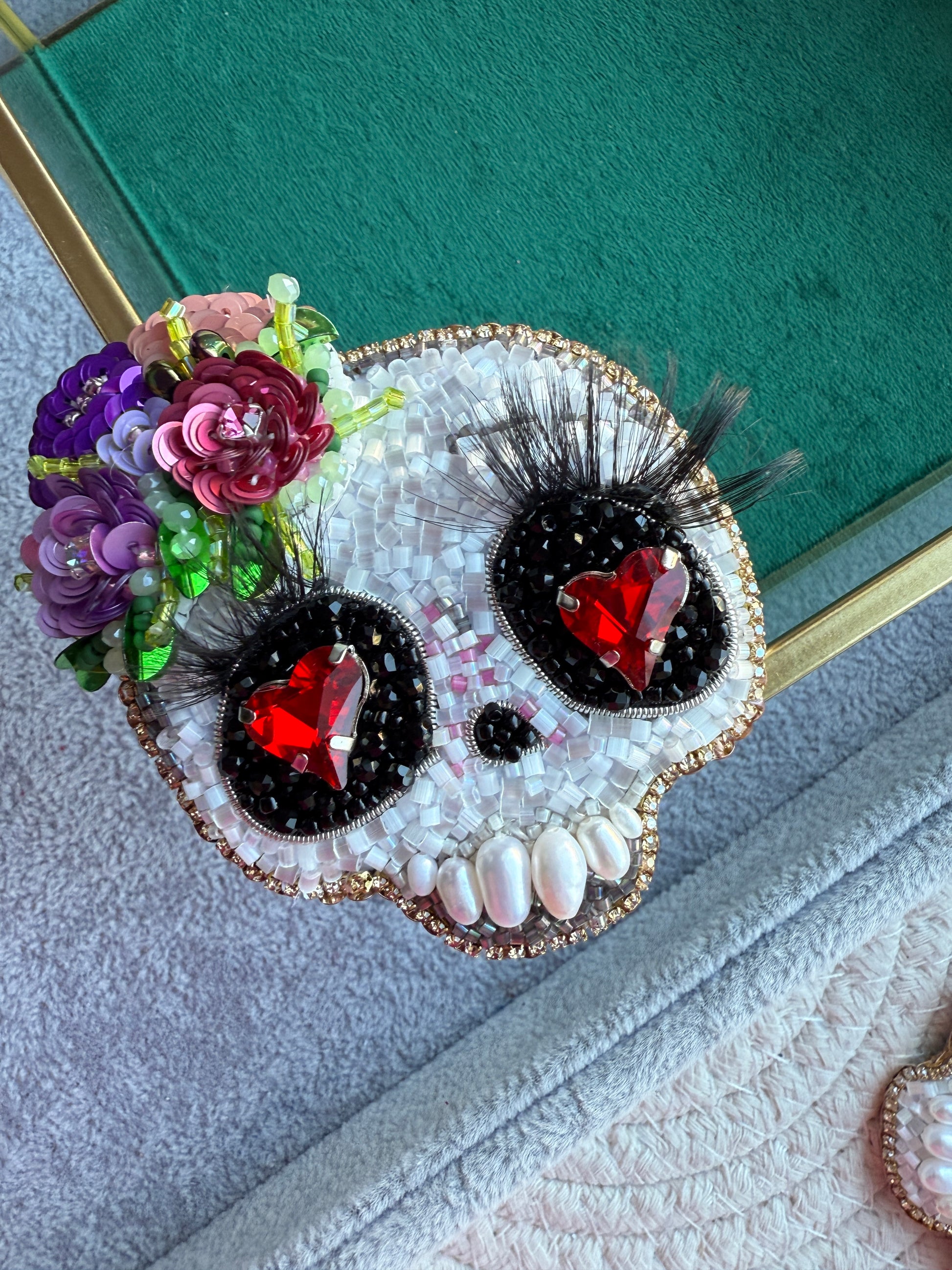 Floral Skull Heart Eyes Beaded Brooch