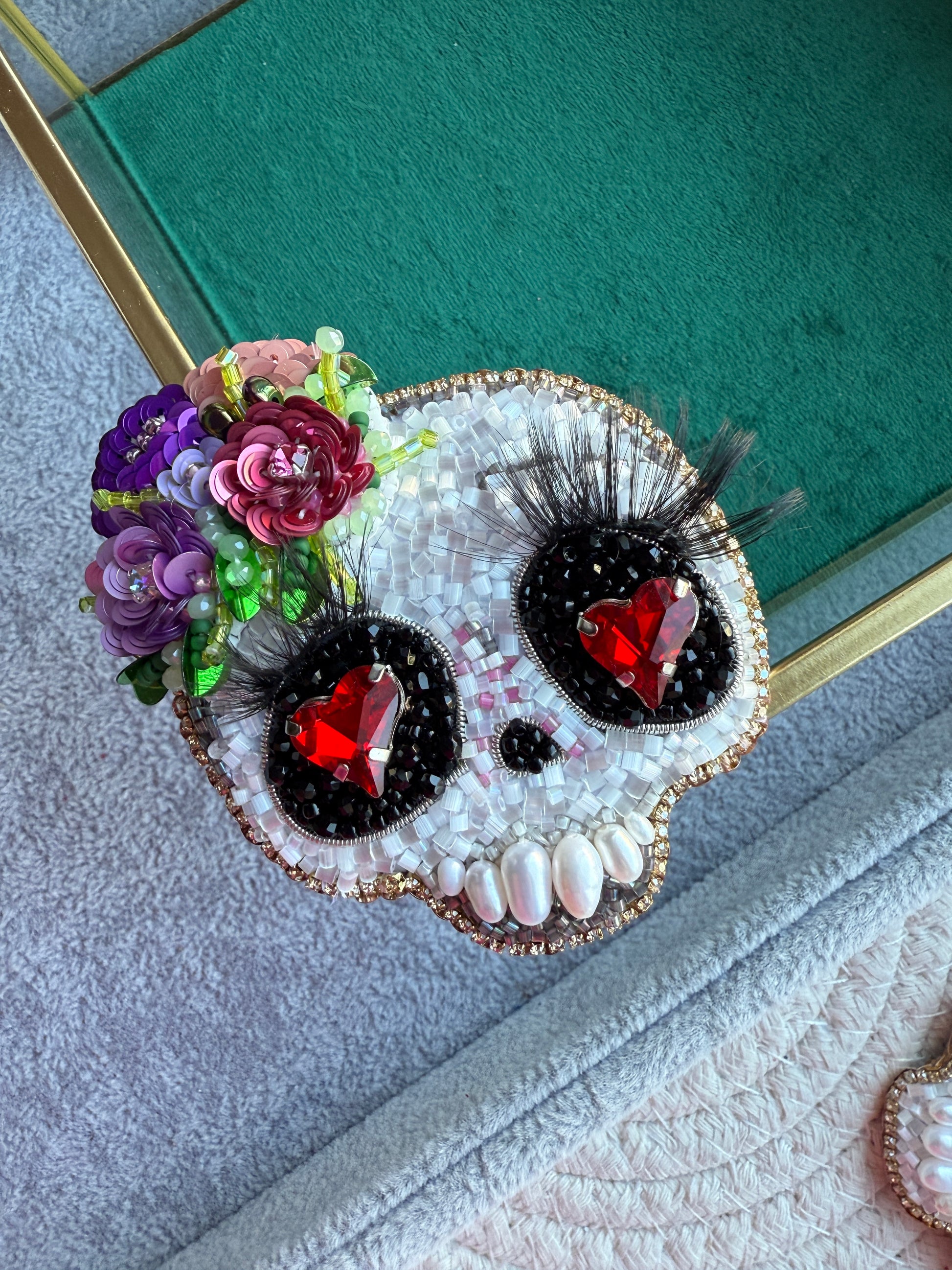 Floral Skull Heart Eyes Beaded Brooch