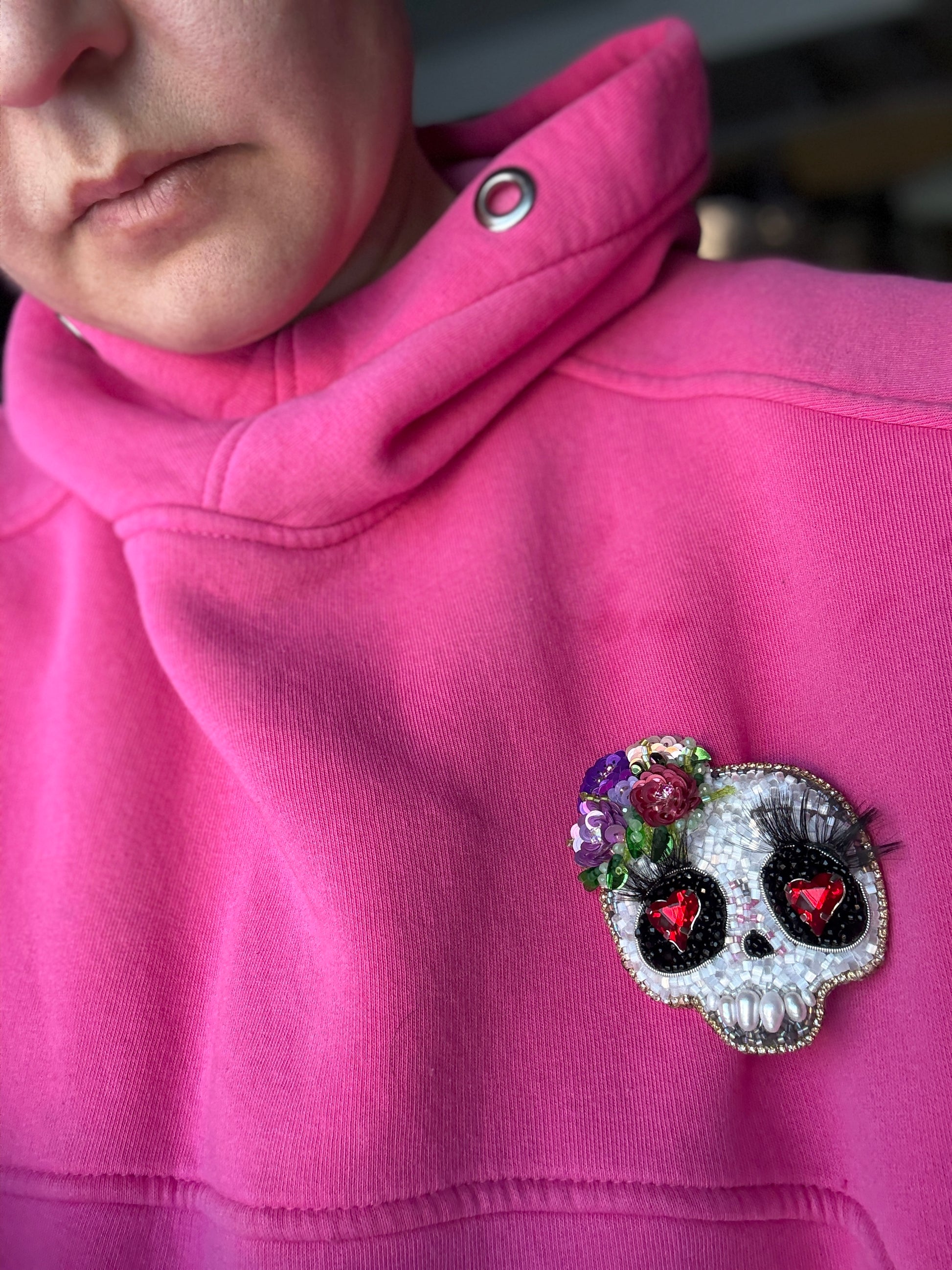 Floral Skull Heart Eyes Beaded Brooch