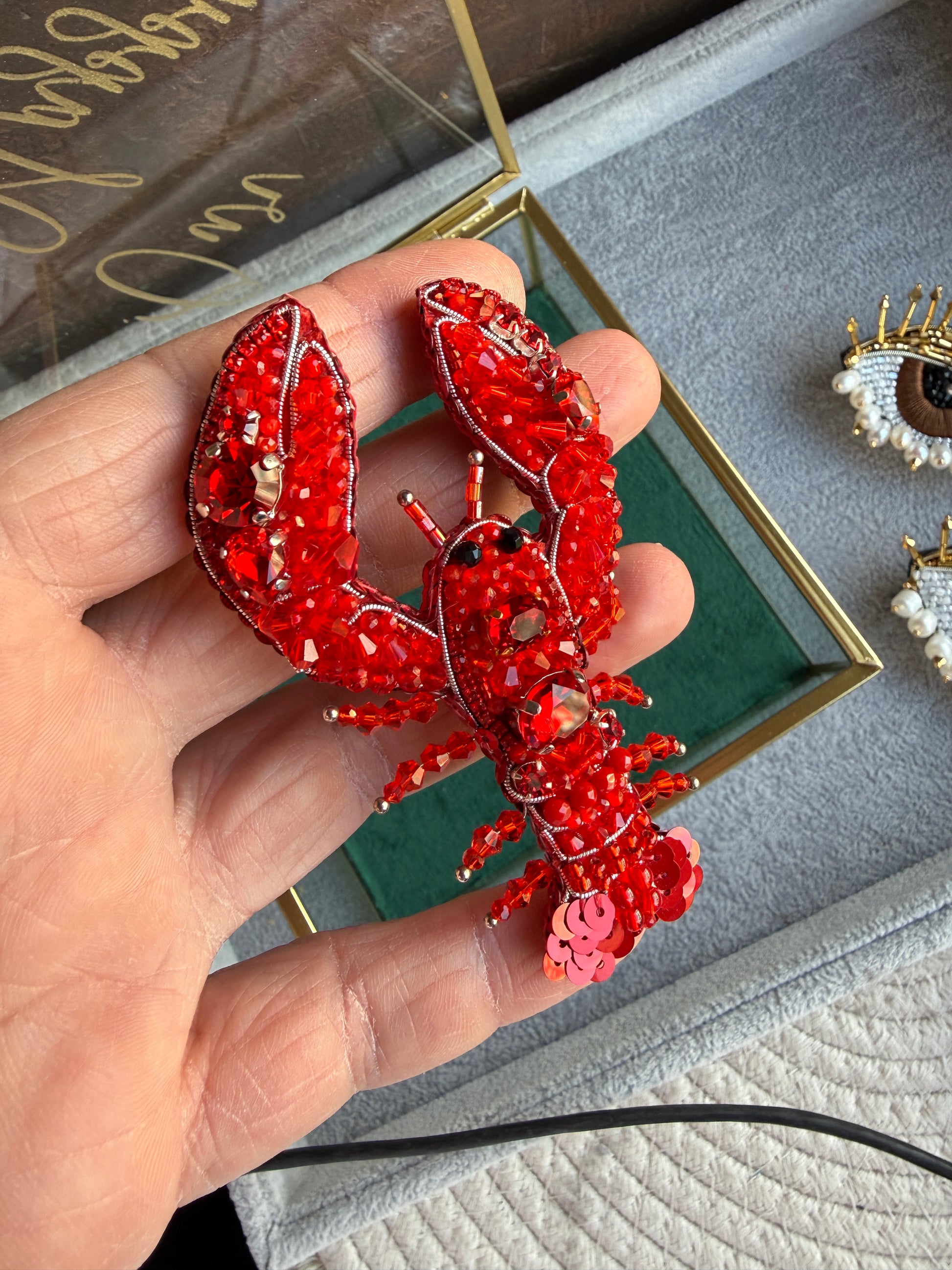 Small Red Lobster Beaded Brooch