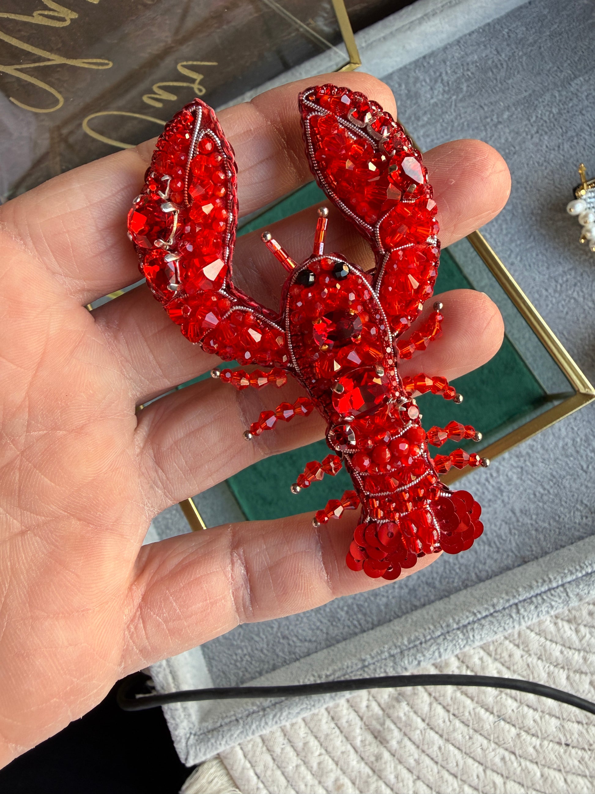 Small Red Lobster Beaded Brooch
