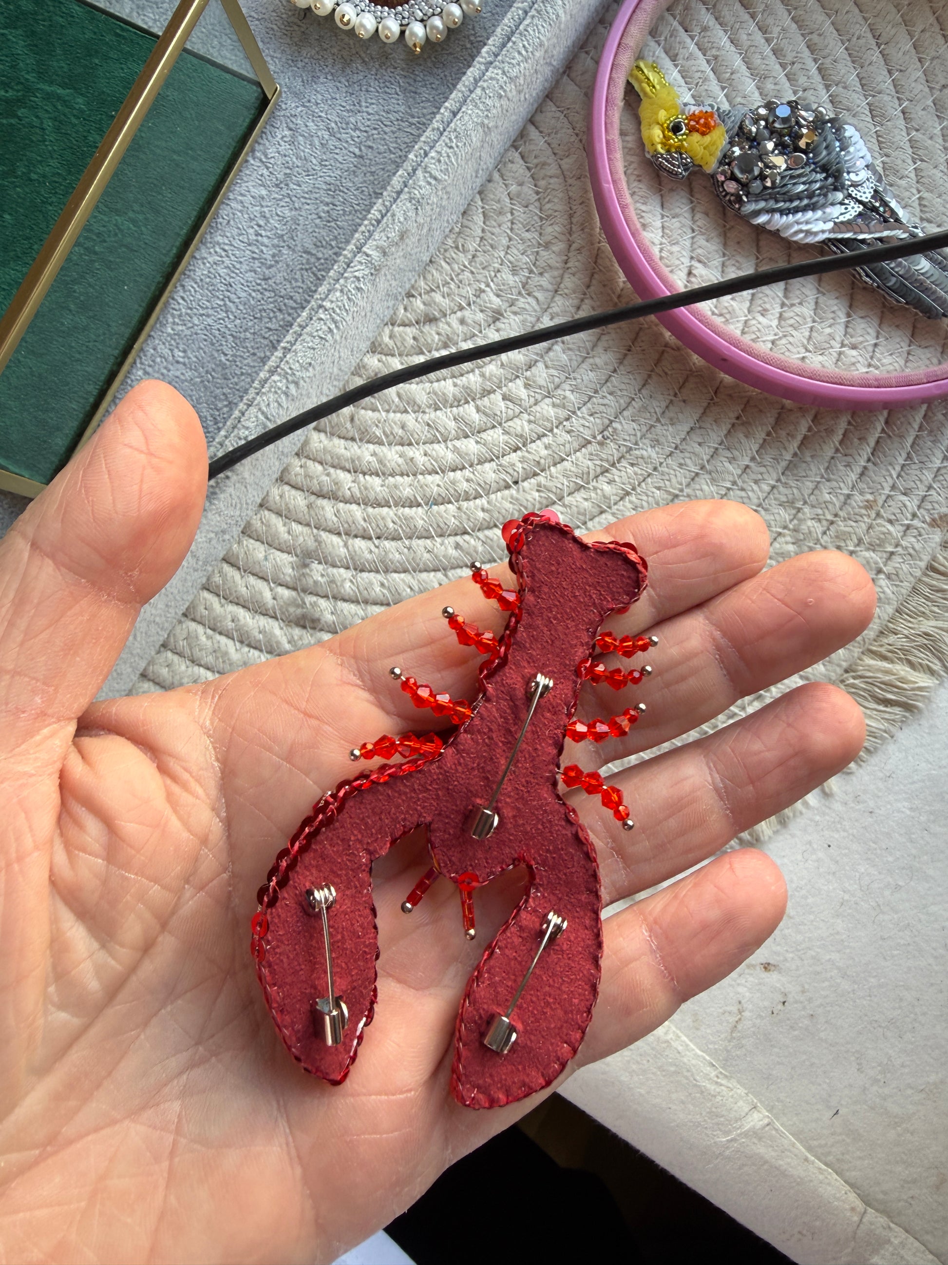 Small Red Lobster Beaded Brooch