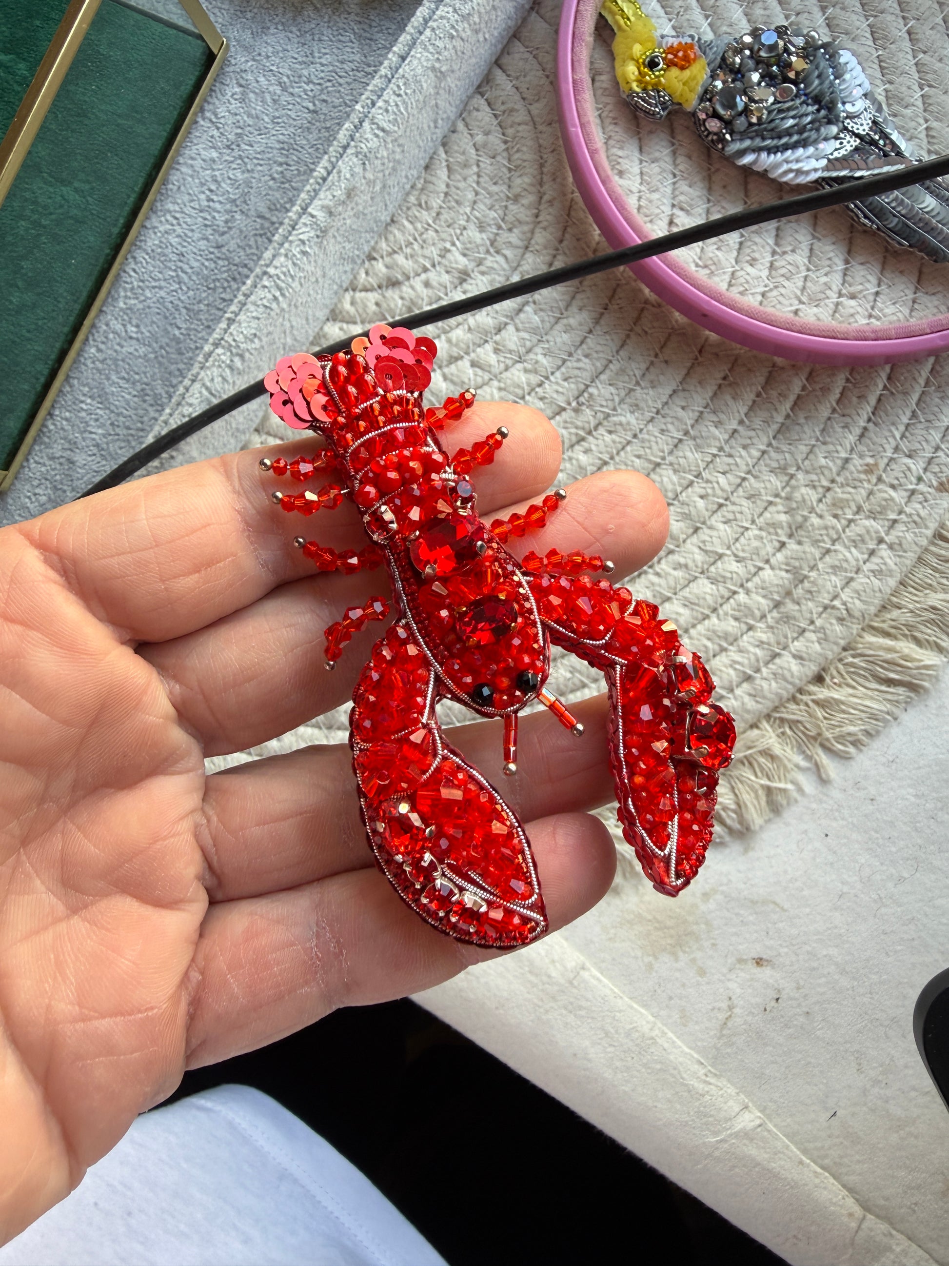 Small Red Lobster Beaded Brooch