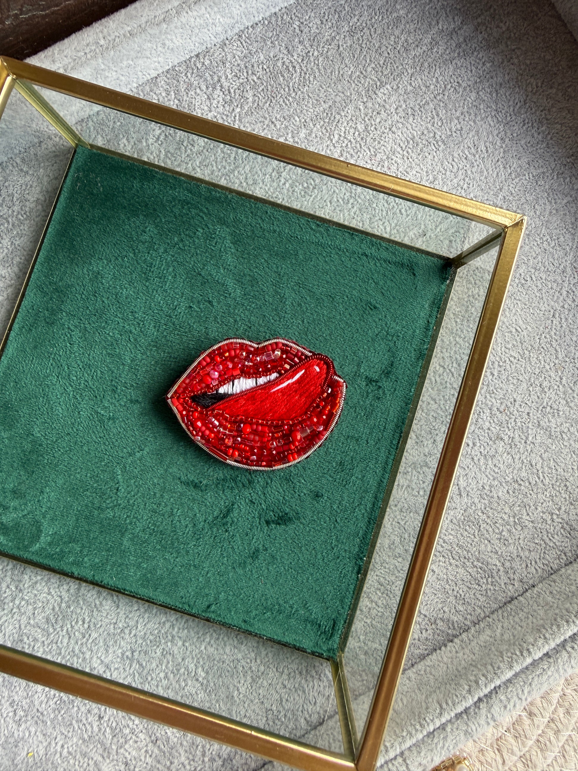 Red Lips Tongue Beaded Brooch