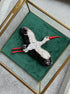 White stork beaded brooch hand embroidered with black wings and red beak