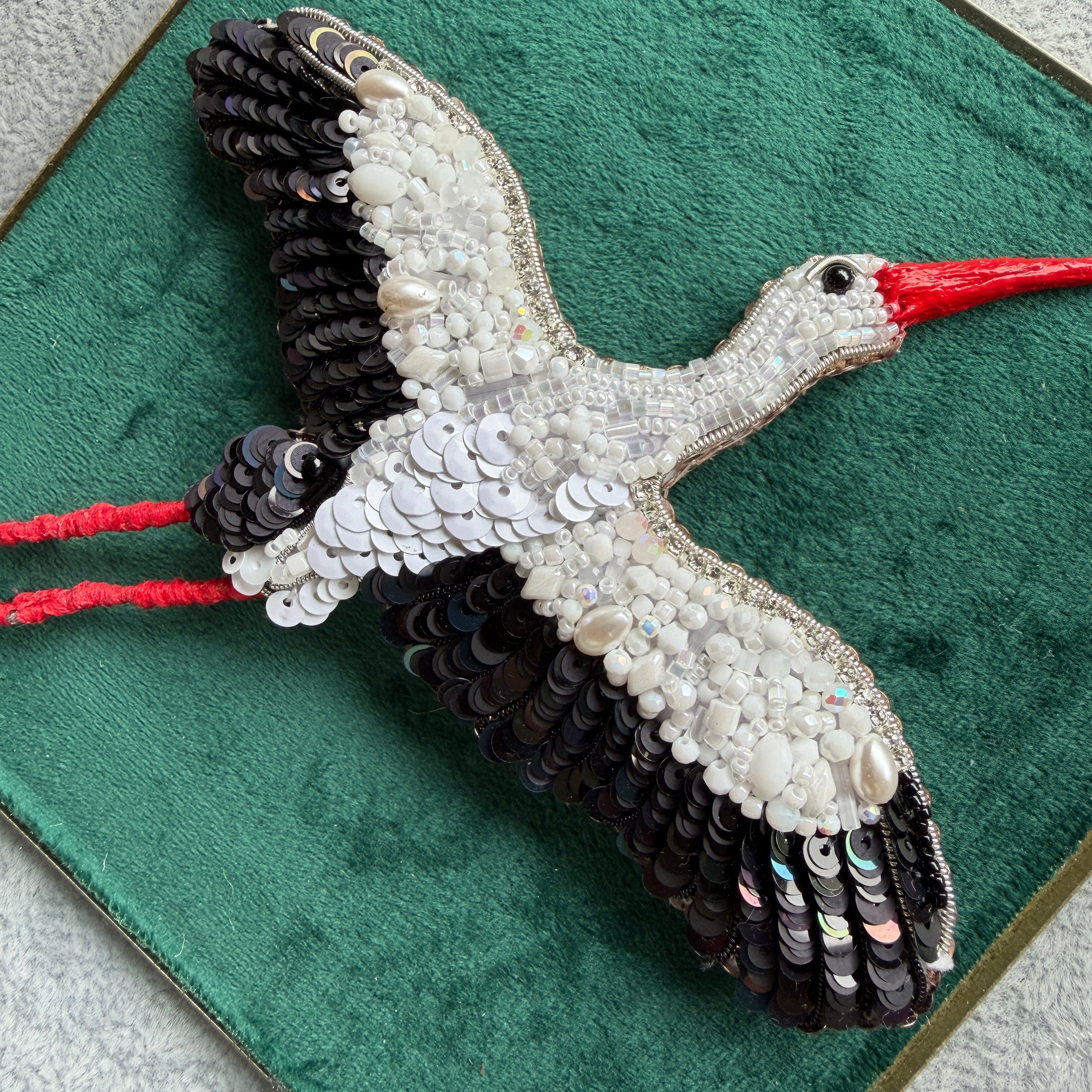 White Stork Beaded Brooch