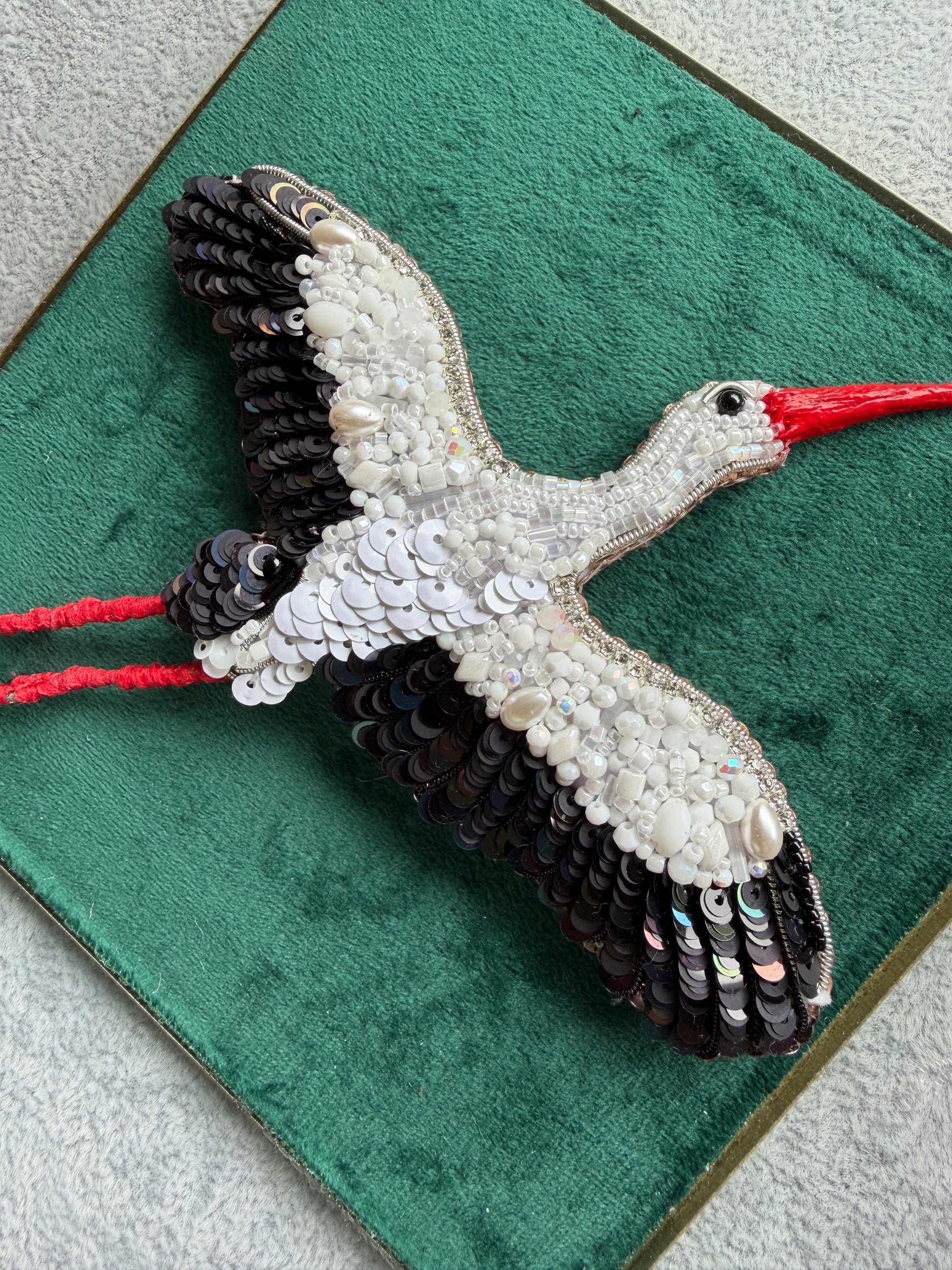 White Stork Beaded Brooch