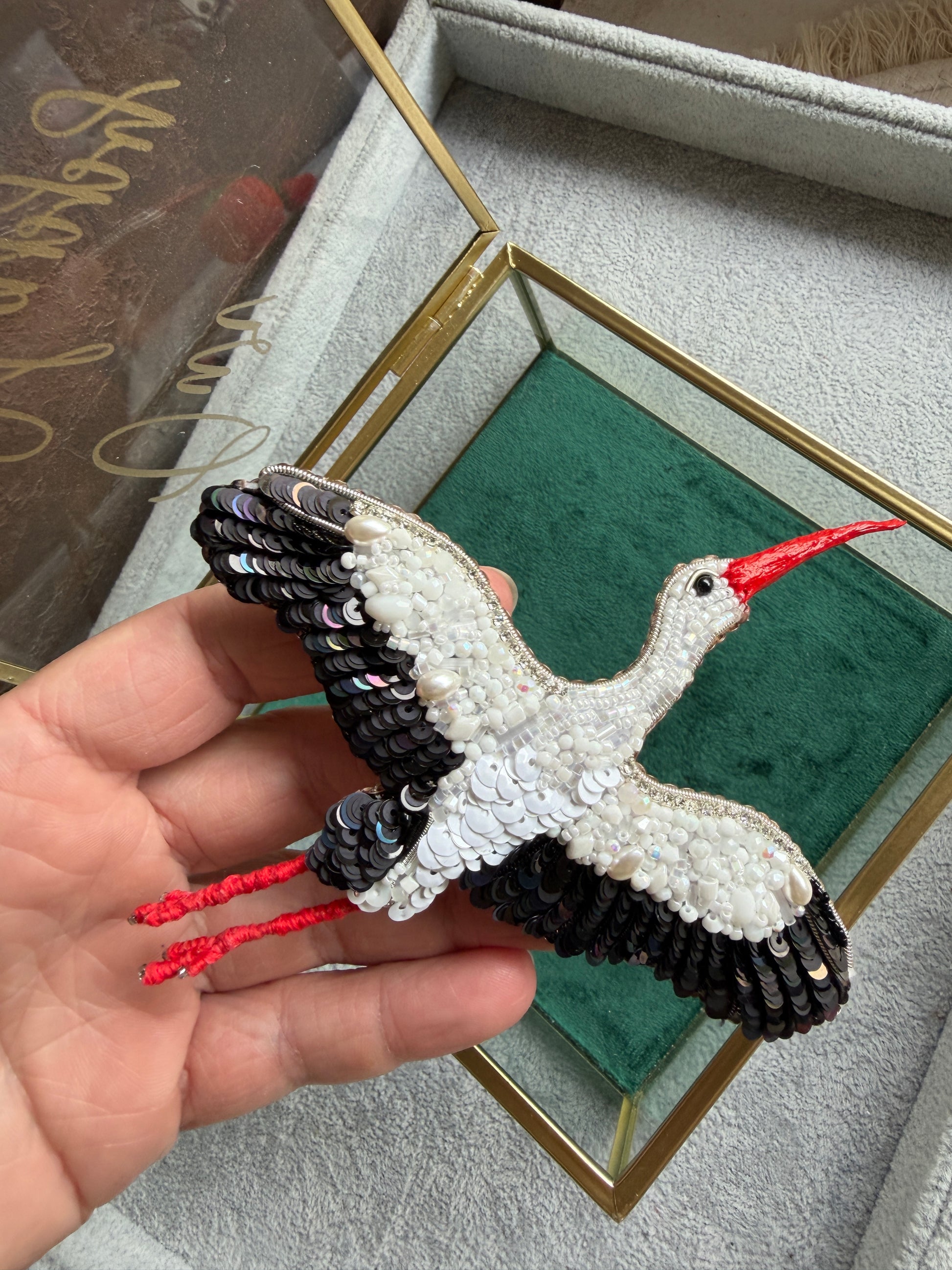 White Stork Beaded Brooch