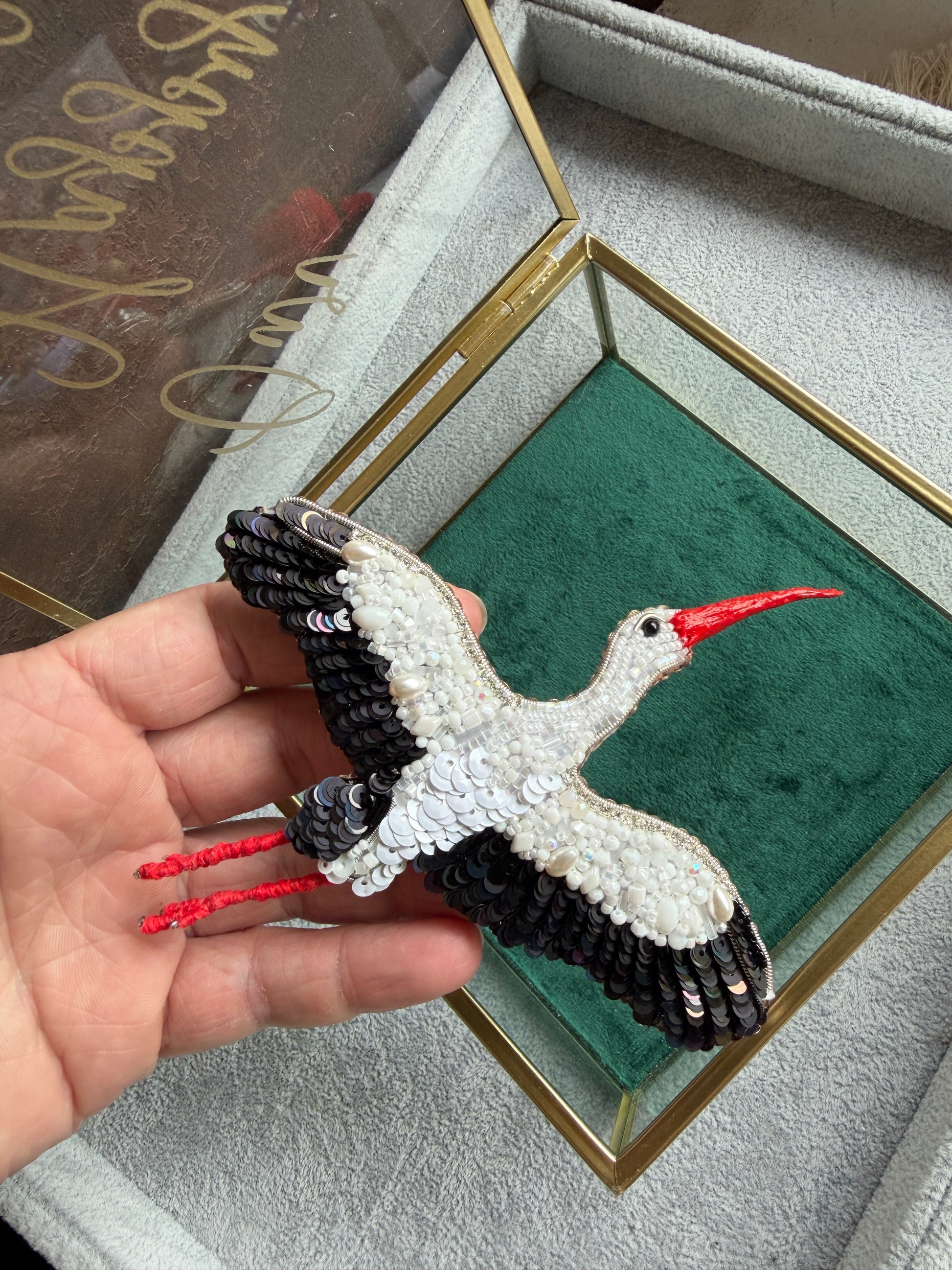 White Stork Beaded Brooch