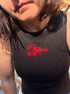 Black ribbed tank top with handmade red lobster embroidery, beaded seafood design, and wearable art detai
