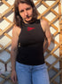 Black ribbed tank top with handmade red lobster embroidery, beaded seafood design, and wearable art detai