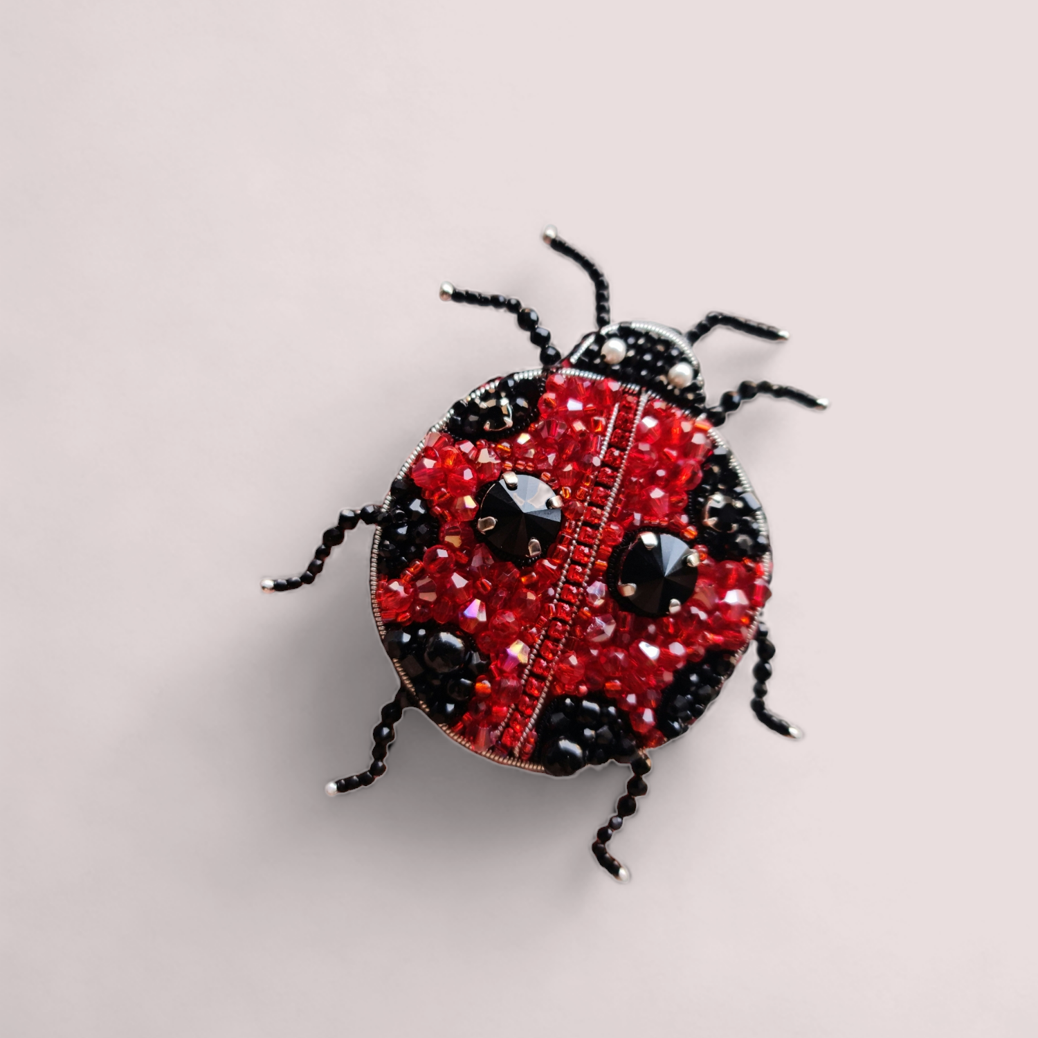 Charming Ladybug Pin – Handcrafted embroidered brooch for women featuring glass beads, crystals, and plastic beads on the face fixed on felt, measuring 3.52 inches by 2.34 inches (9 cm x 6 cm)