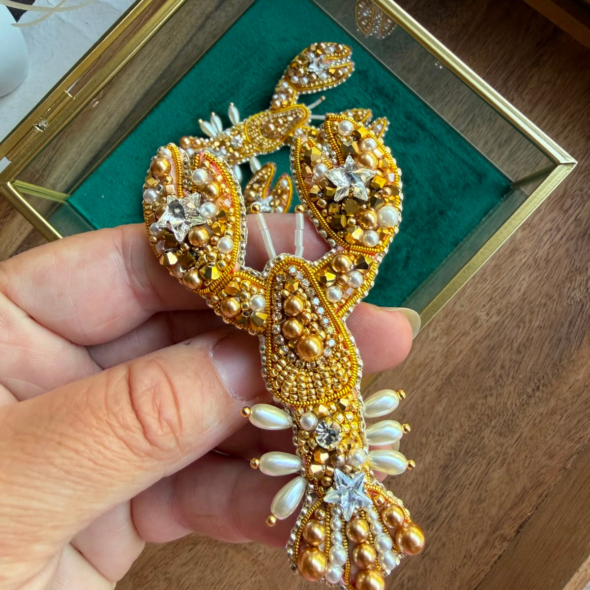 Gold Lobster Brooch or Keychain – Handmade Beaded Ocean Accessory