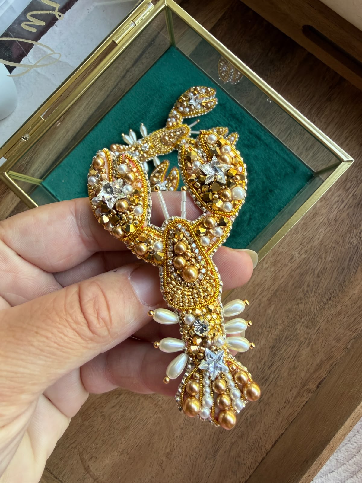 Gold Lobster Brooch or Keychain – Handmade Beaded Ocean Accessory
