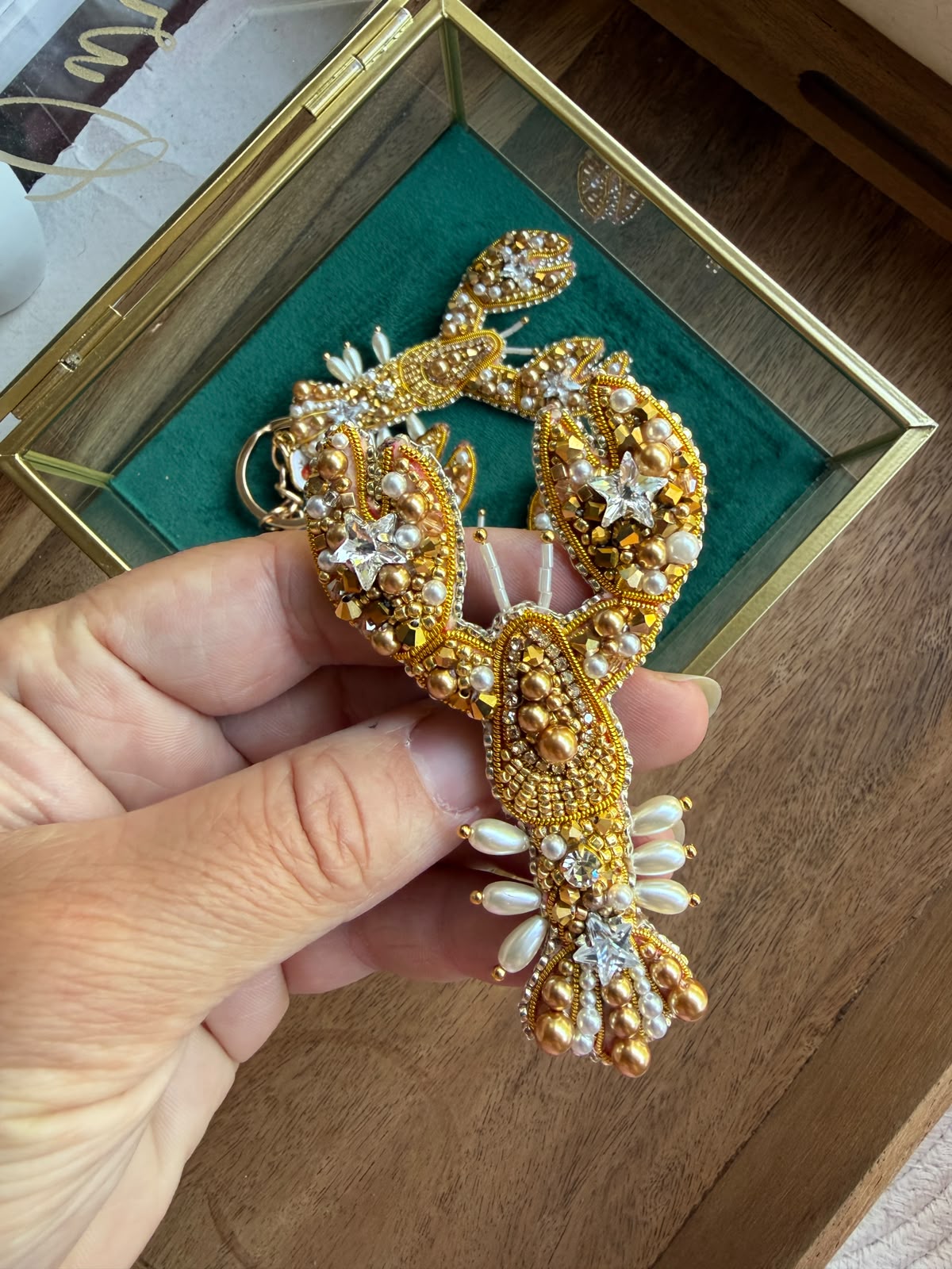 Gold Lobster Brooch or Keychain – Handmade Beaded Ocean Accessory