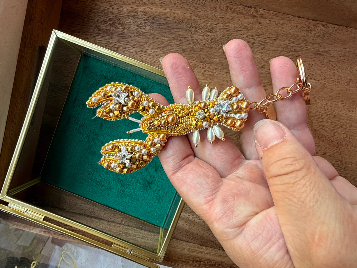 Gold Lobster Brooch or Keychain – Handmade Beaded Ocean Accessory