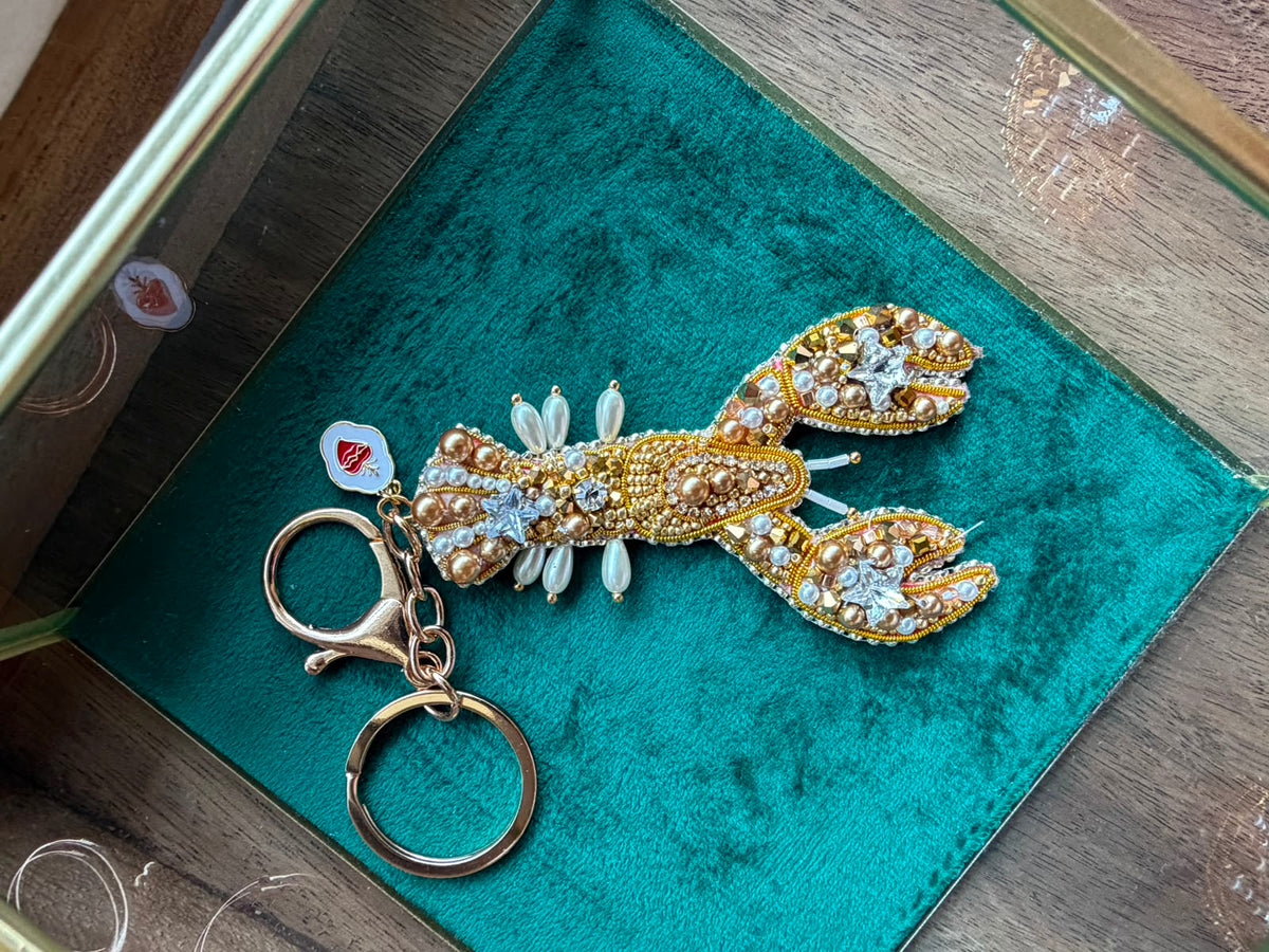 Gold Lobster Brooch or Keychain – Handmade Beaded Ocean Accessory