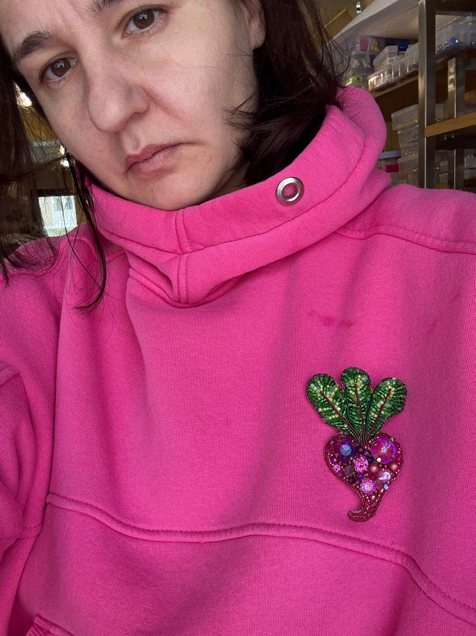 Small Pink Beet Beaded Brooch, Handmade Vegetable Pin, Statement Jewelry