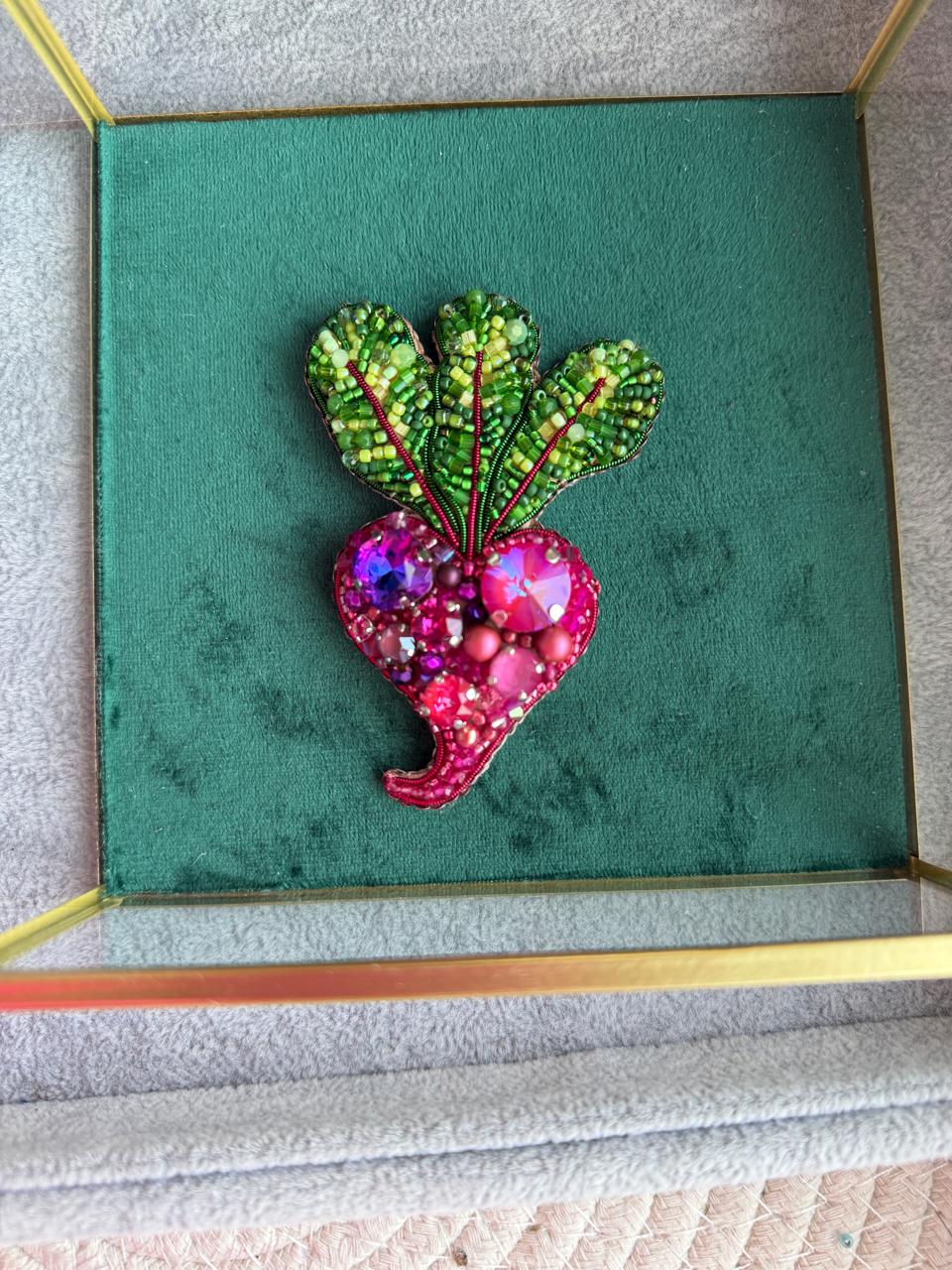 Small Pink Beet Beaded Brooch, Handmade Vegetable Pin, Statement Jewelry