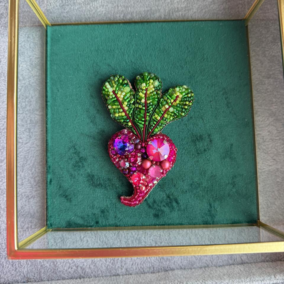 Small Pink Beet Beaded Brooch, Handmade Vegetable Pin, Statement Jewelry