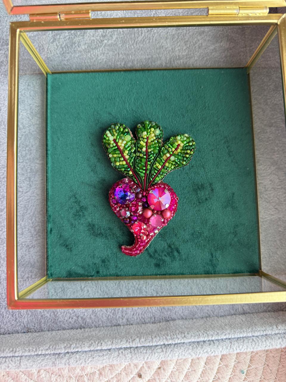 Small Pink Beet Beaded Brooch, Handmade Vegetable Pin, Statement Jewelry