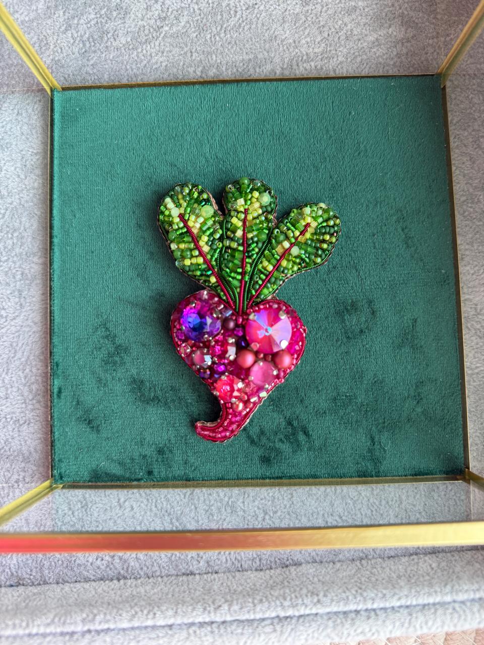 Small Pink Beet Beaded Brooch, Handmade Vegetable Pin, Statement Jewelry