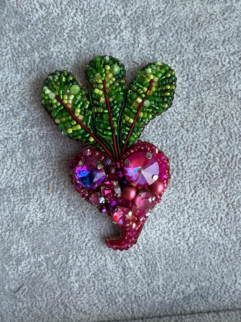 Small Pink Beet Beaded Brooch, Handmade Vegetable Pin, Statement Jewelry