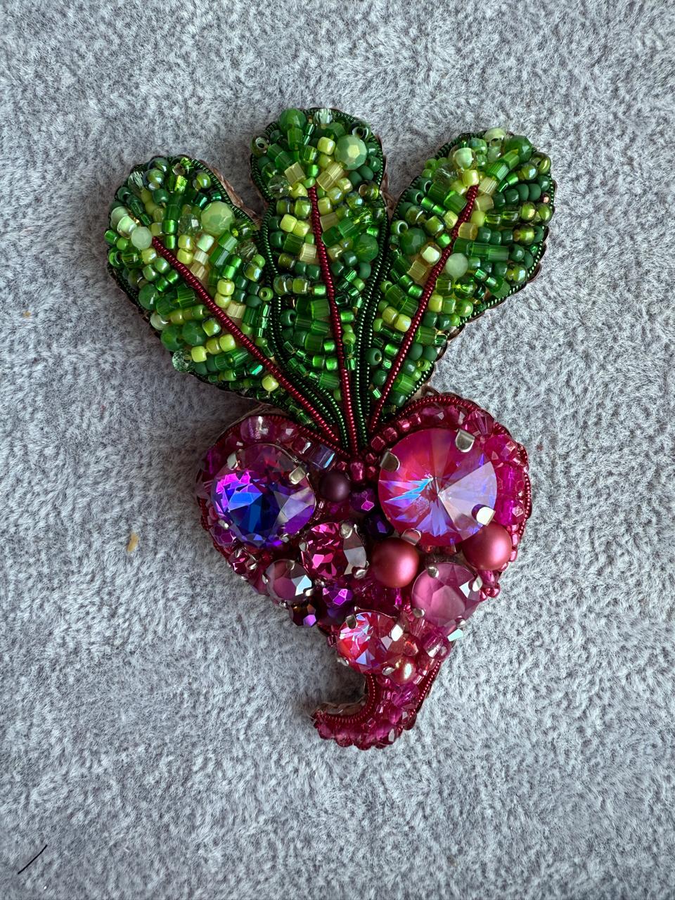 Small Pink Beet Beaded Brooch, Handmade Vegetable Pin, Statement Jewelry