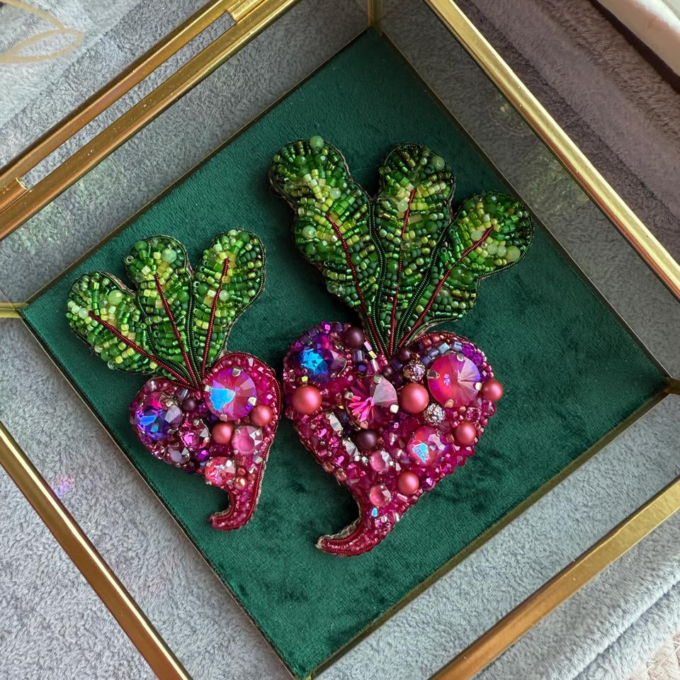 Small Pink Beet Beaded Brooch, Handmade Vegetable Pin, Statement Jewelry