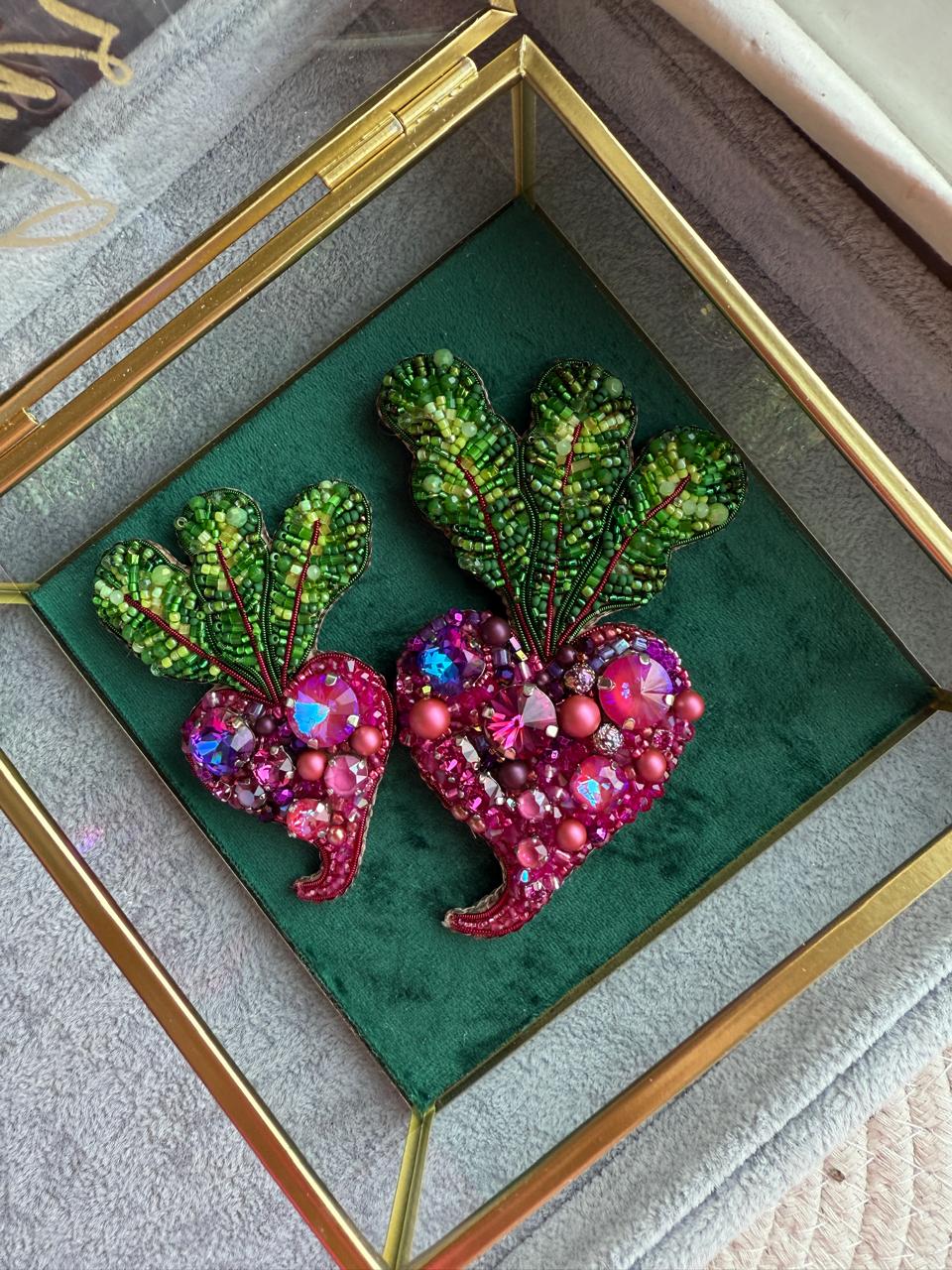 Small Pink Beet Beaded Brooch, Handmade Vegetable Pin, Statement Jewelry