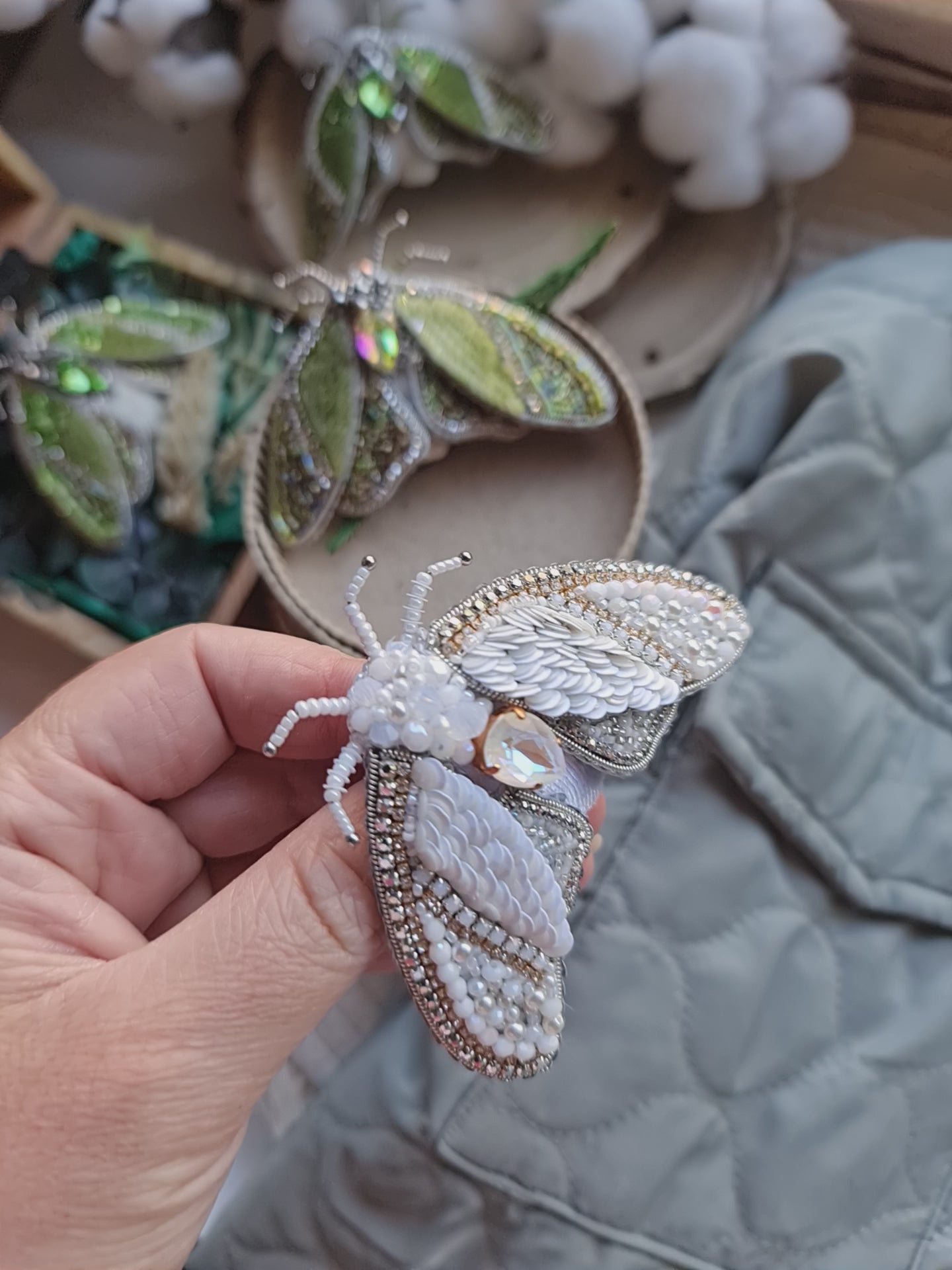 Mystic Green Moth Beaded Brooch