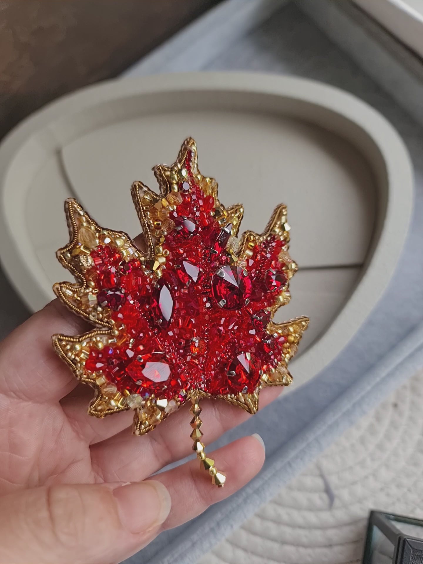 Red Maple Leaf Beaded Brooch
