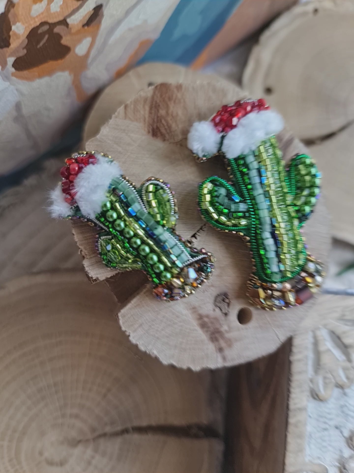 Beaded Christmas Cactus Brooch
