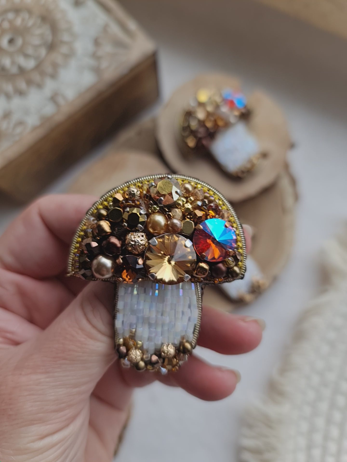 Brown Mushroom Beaded Brooch