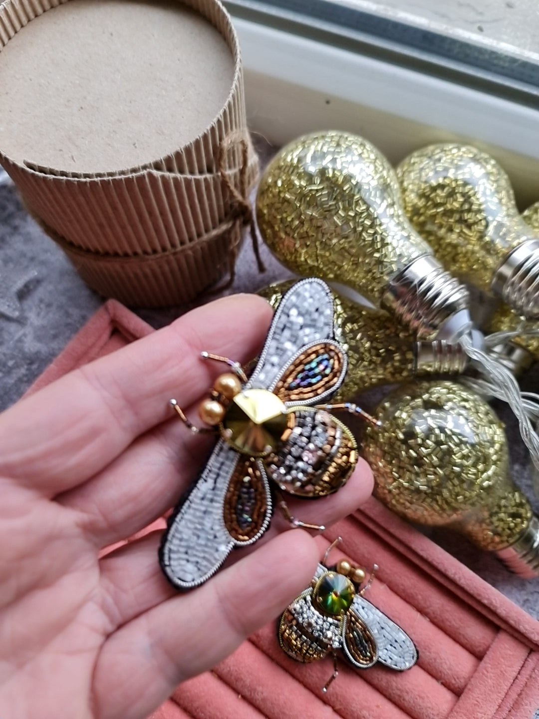 Bee beaded brooch pin, embroidered insect brooch