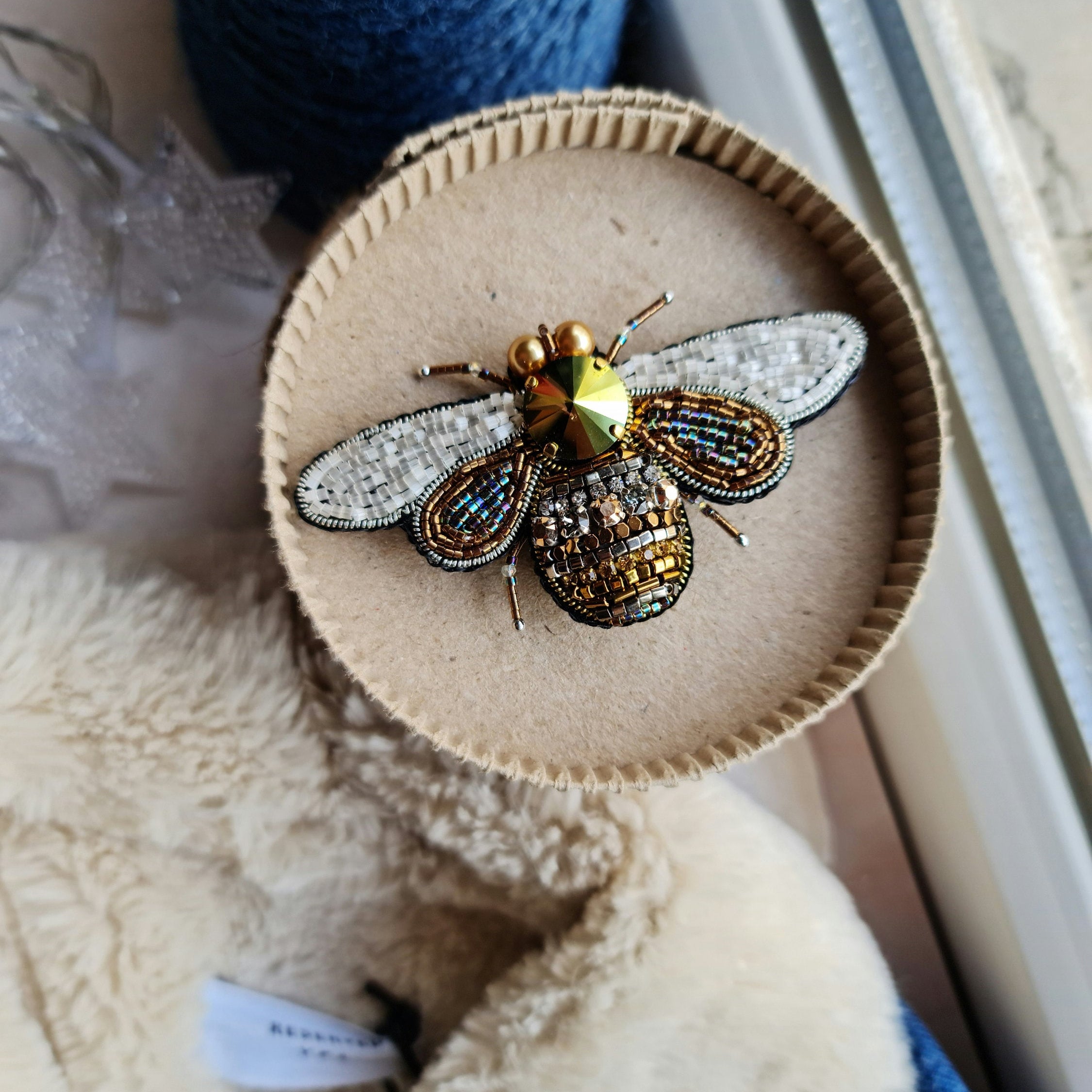 Bee beaded brooch pin, embroidered insect brooch
