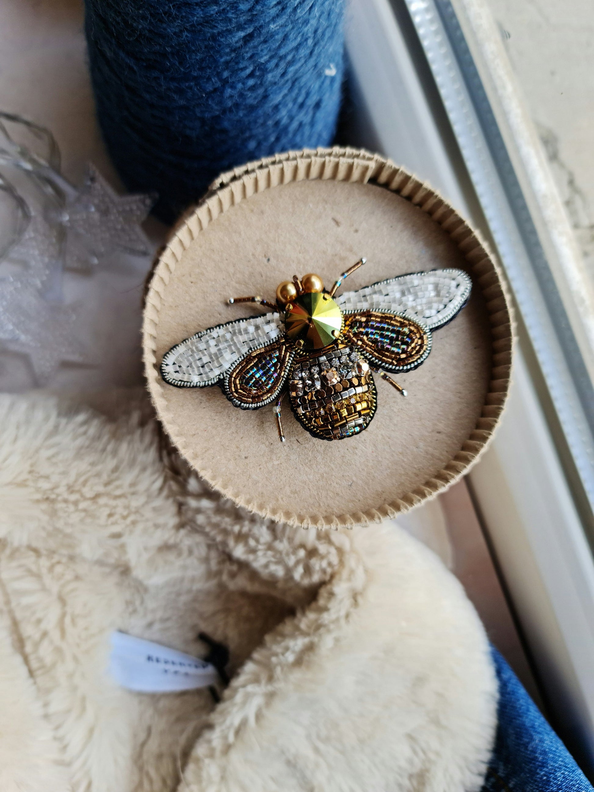 Bee beaded brooch pin, embroidered insect brooch