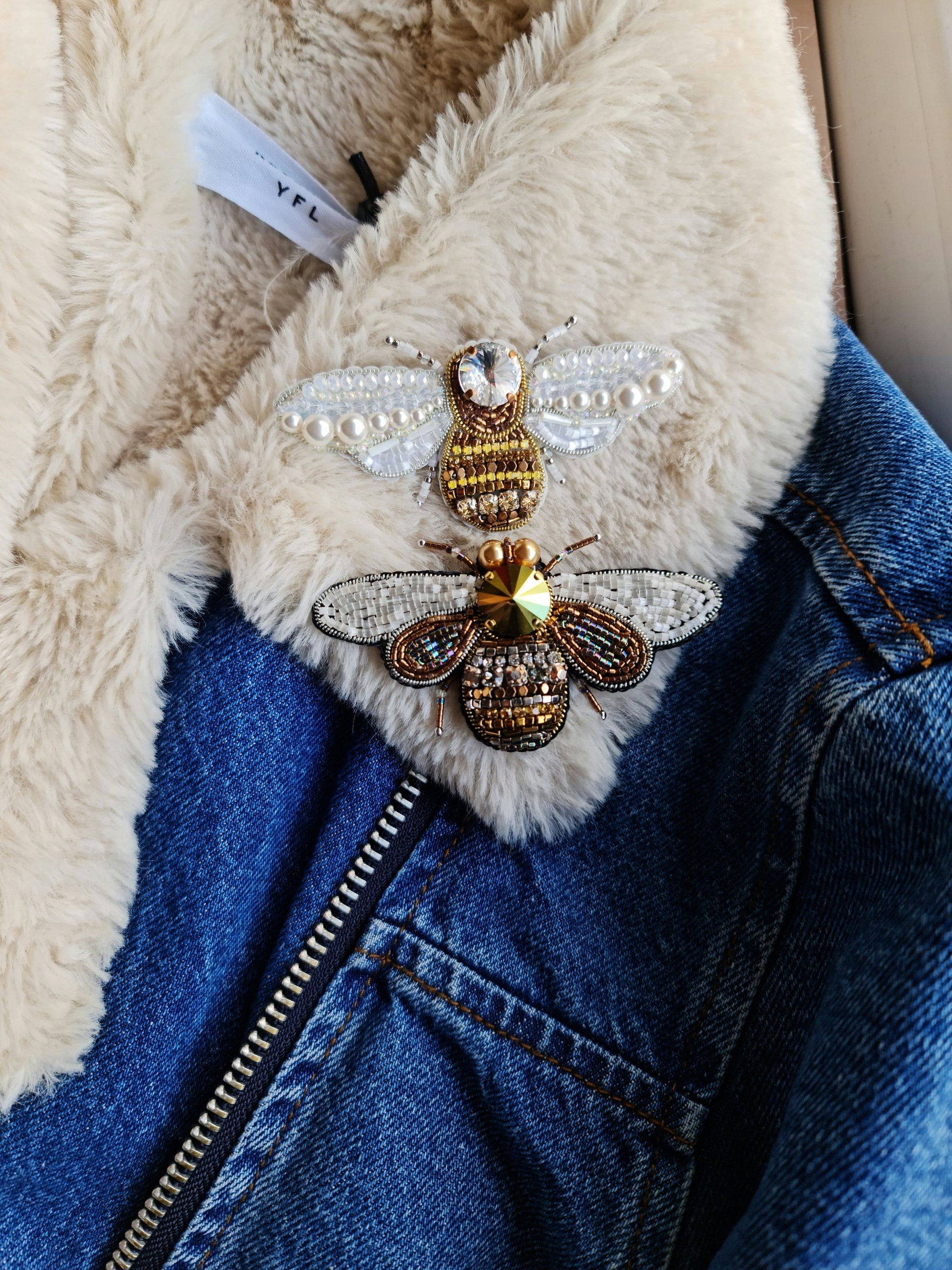 Bee beaded brooch pin, embroidered insect brooch